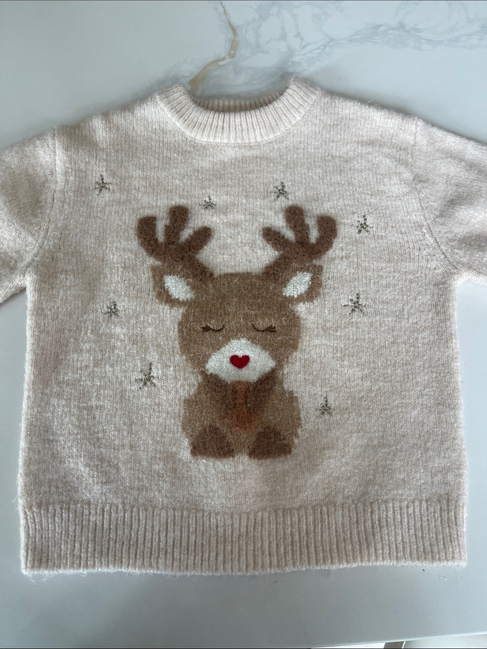 Zara Cream Kids Reindeer Sweater with Brown Deer and Red Heart
